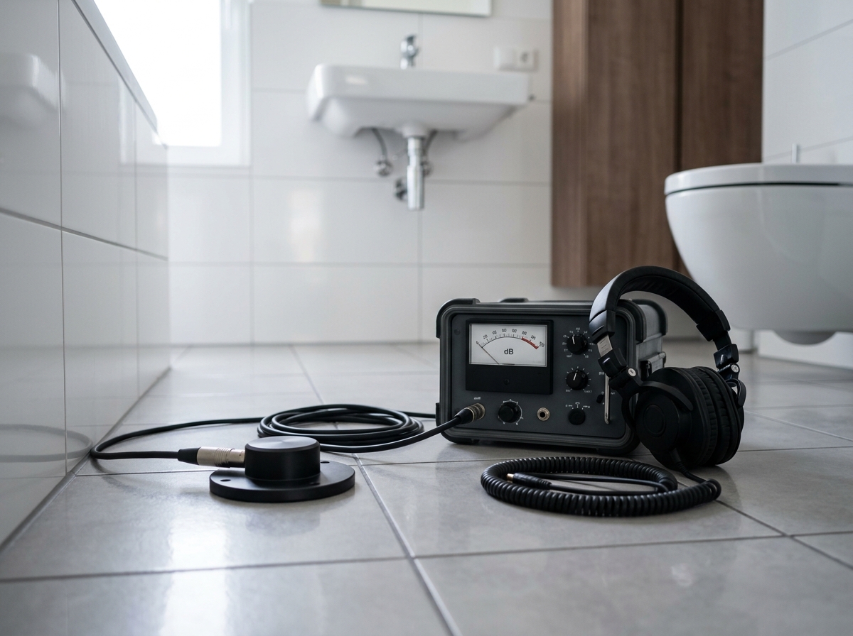 Electro-acoustic ground microphone sensor and amplifier unit resting on finished tile floor