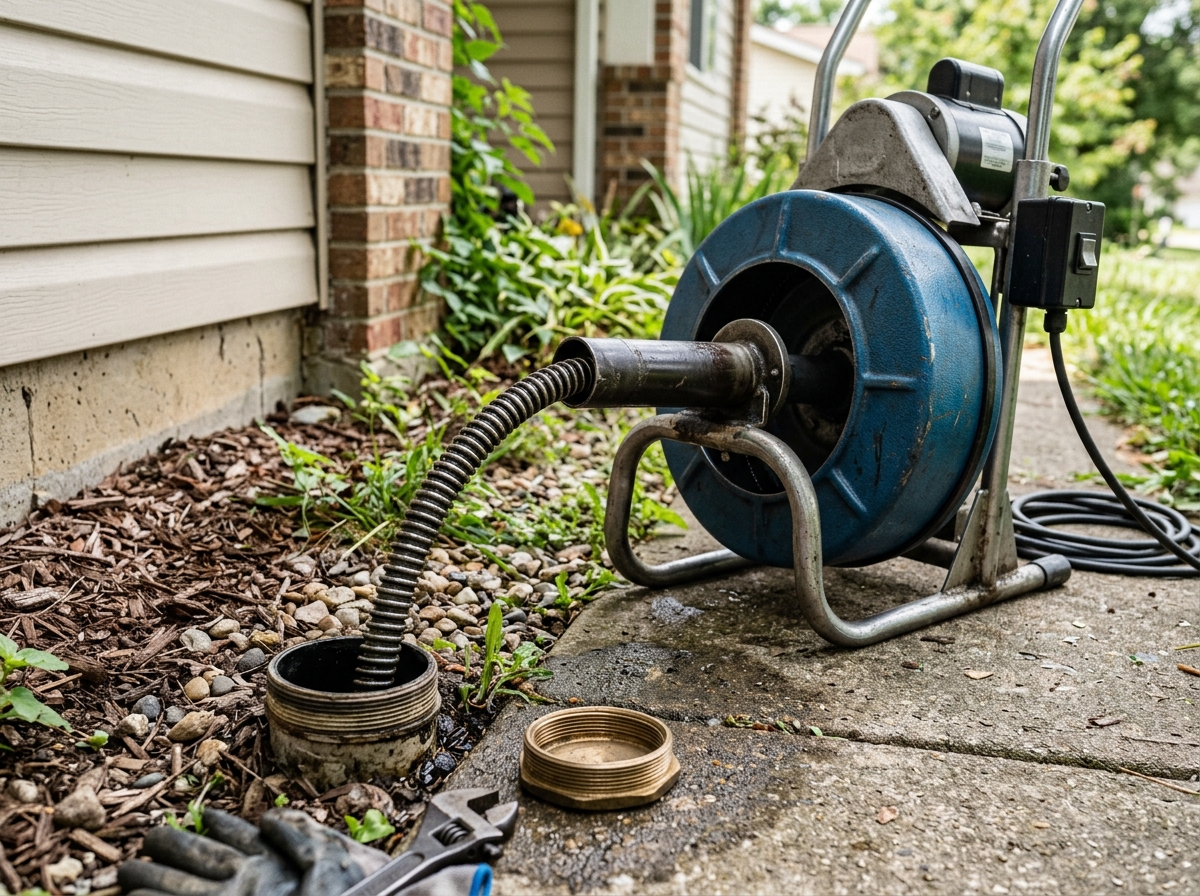 Professional motorized drum drain snake auger positioned at ground-level cleanout pipe