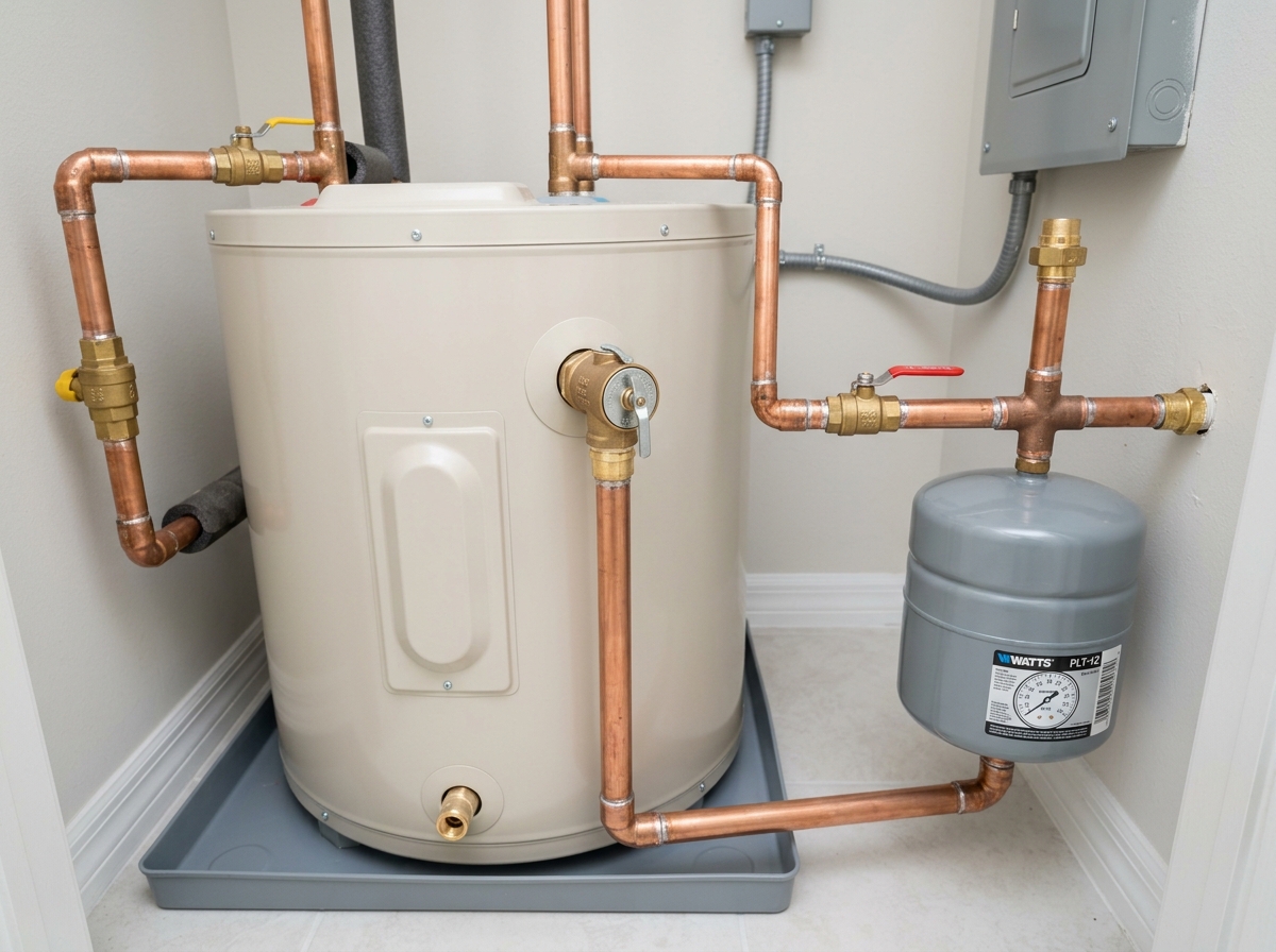Technical installation of electric residential water heater with pressure relief valve and expansion tank